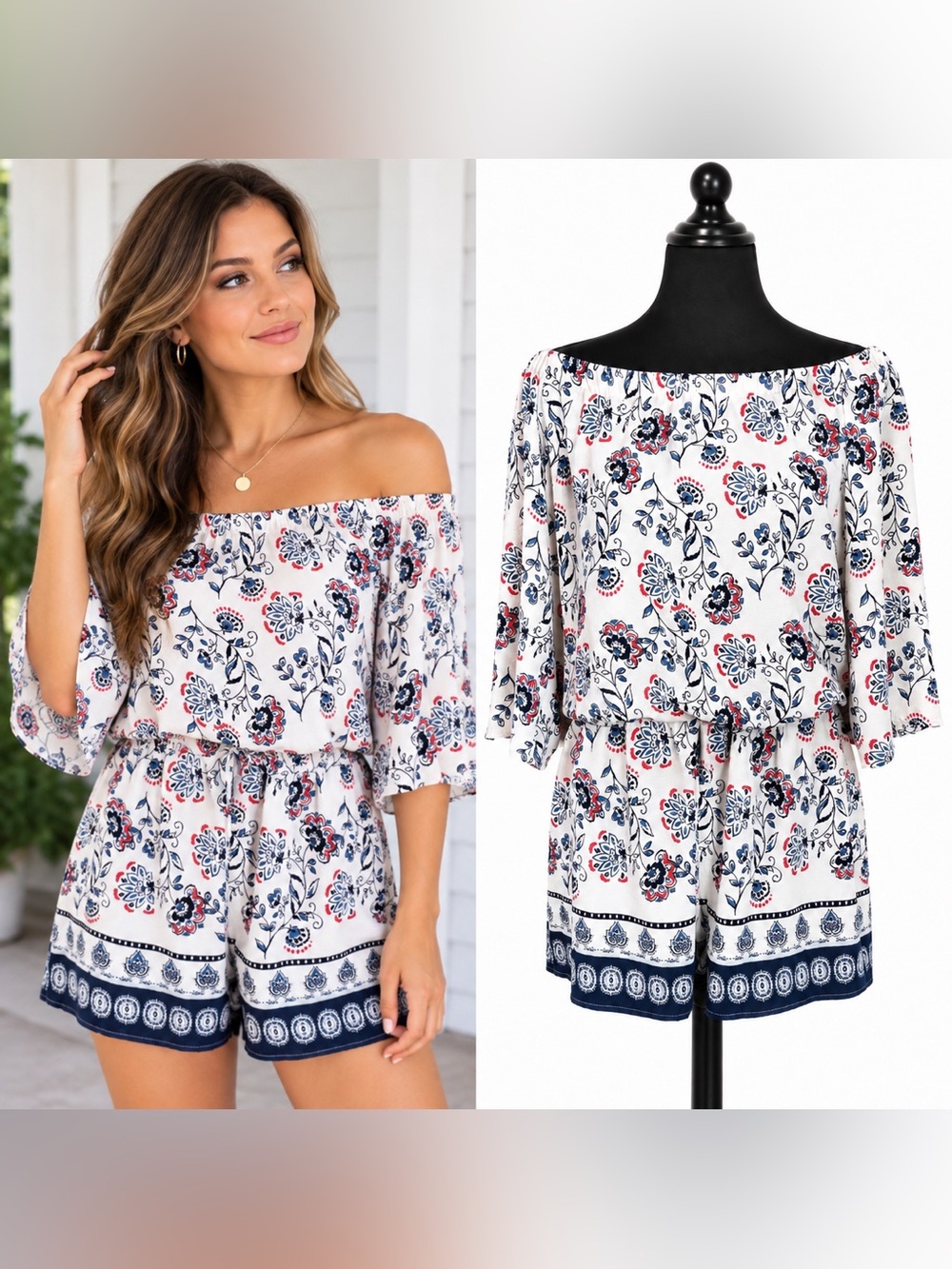 Premier Amour Off-Shoulder Floral Boho-Chic Romantic Romper Women’s Size 10